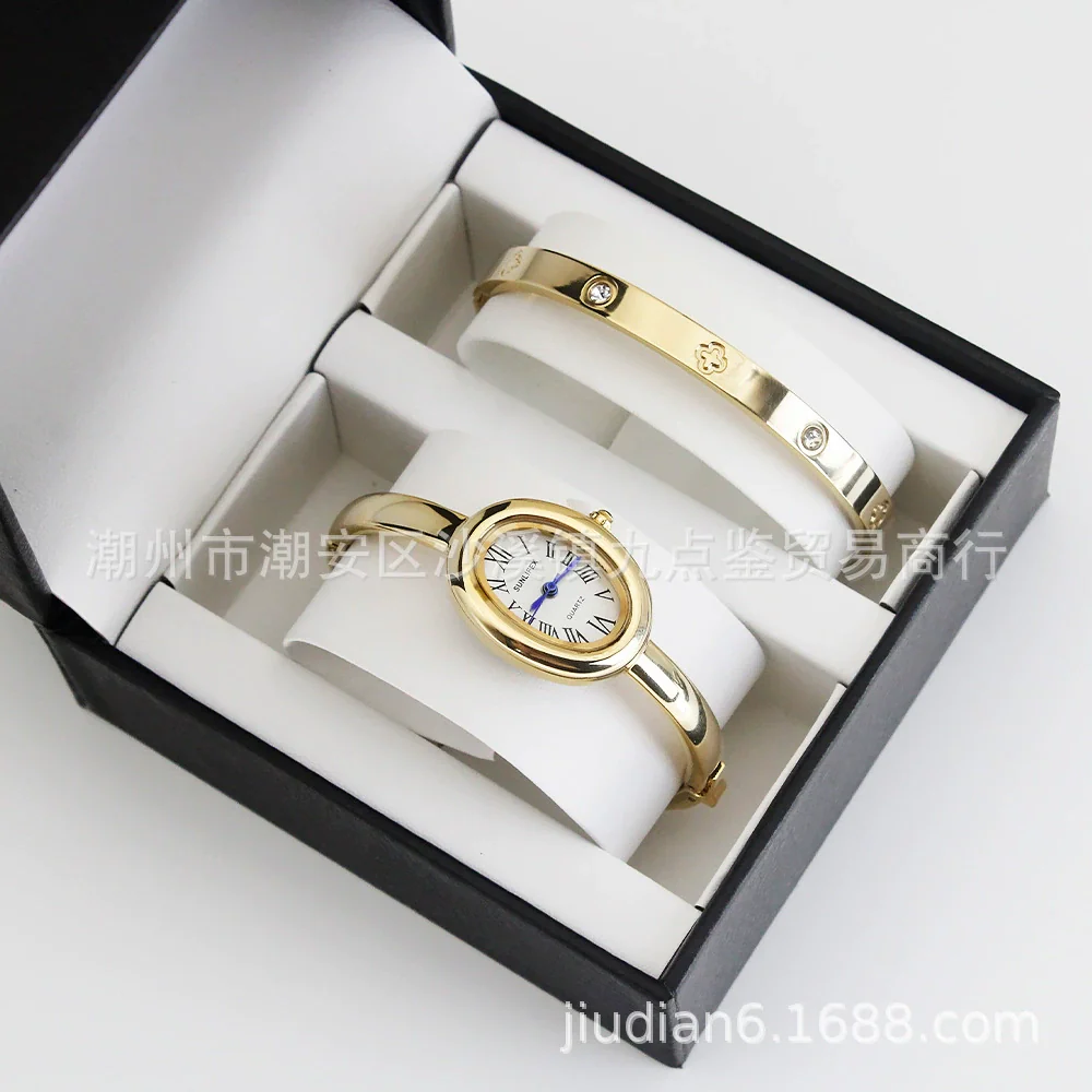 Women's Quartz Bracelet Watch Set With Stainless Steel Strap And Buckle Oval Dial Medieval Style - Image 6