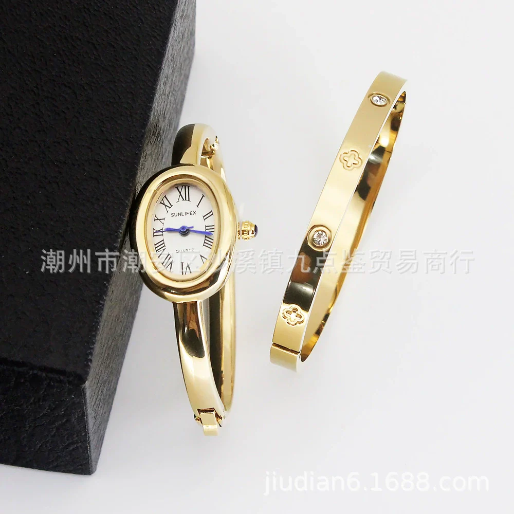 Women's Quartz Bracelet Watch Set With Stainless Steel Strap And Buckle Oval Dial Medieval Style - Image 8