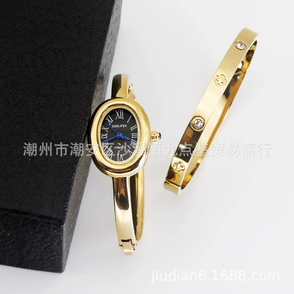Women's Quartz Bracelet Watch Set With Stainless Steel Strap And Buckle Oval Dial Medieval Style - Image 9
