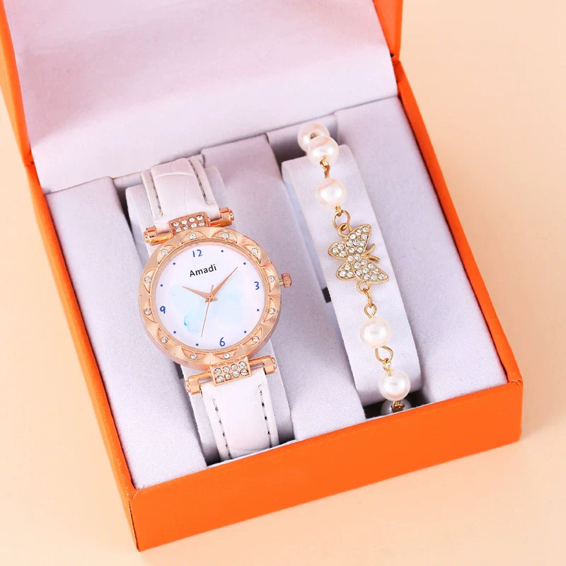 Women's Quartz Watch And Butterfly Bracelet Set With Alloy Case Imitation Leather Strap And Titanium Buckle In Leisure Style
