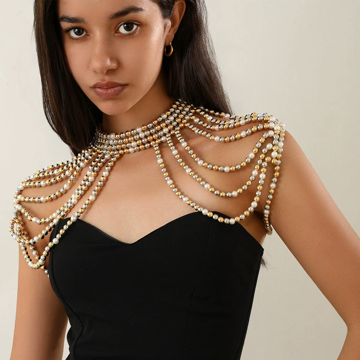 Women's Retro Imitation Pearl Handmade Beaded Multi Layer Tassel Shoulder Chain - Image 4