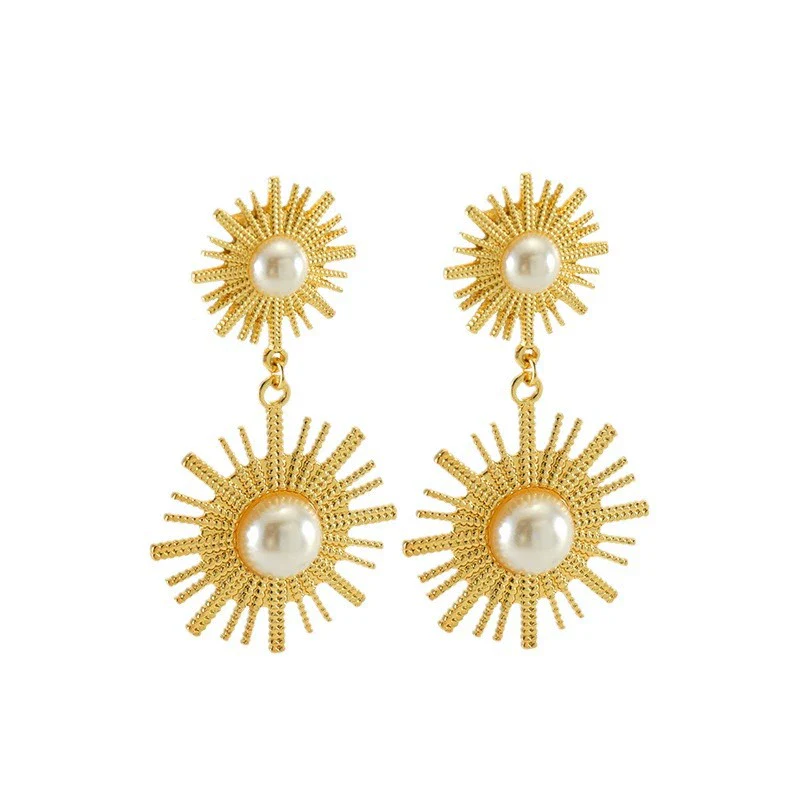 Women's Retro Round Sunflower Pearl 316L Stainless Steel 18K Goldplated Electroplated Earrings With Geometric And Floral Patterns - Image 5