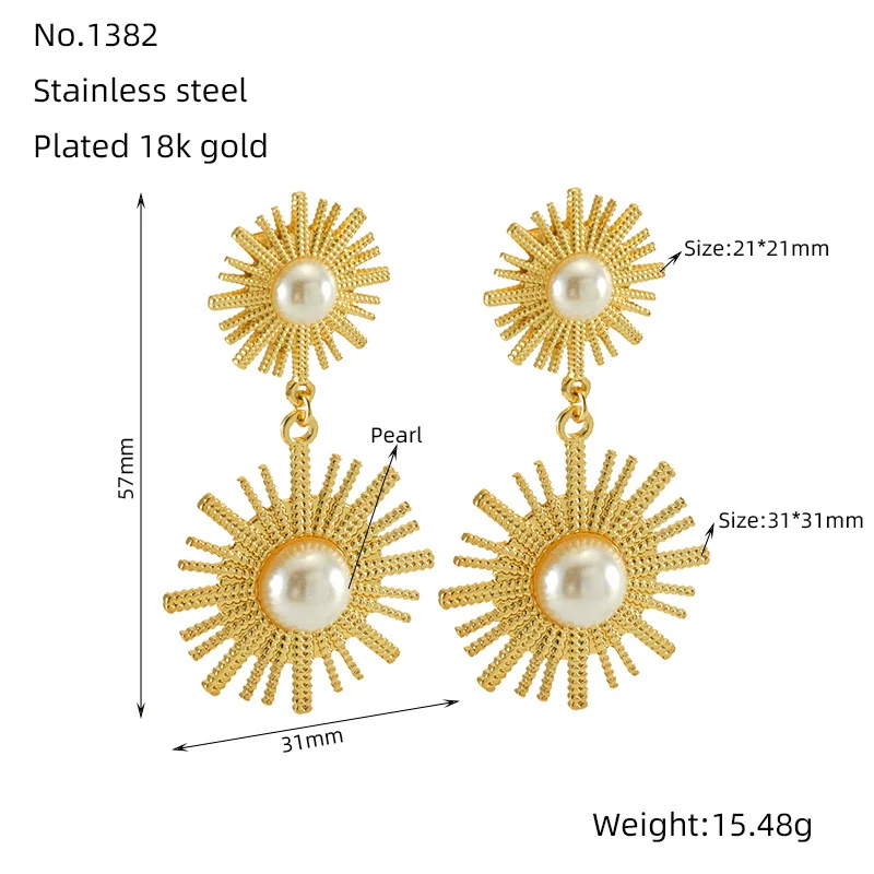 Women's Retro Round Sunflower Pearl 316L Stainless Steel 18K Goldplated Electroplated Earrings With Geometric And Floral Patterns - Image 6