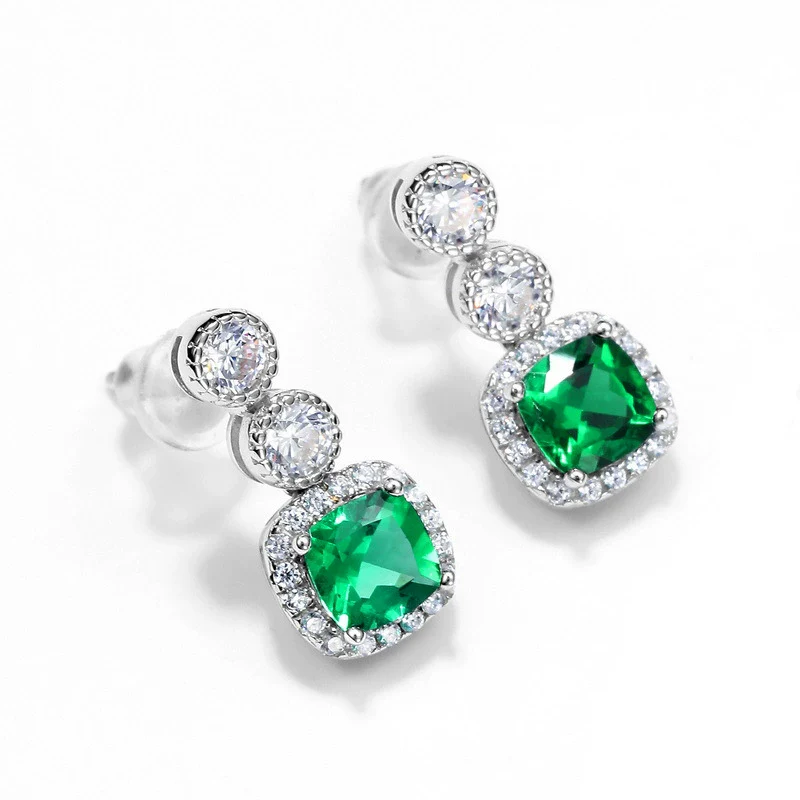 Women's S925 Silver Cultivated Emerald Retro Geometric Earrings - Image 3