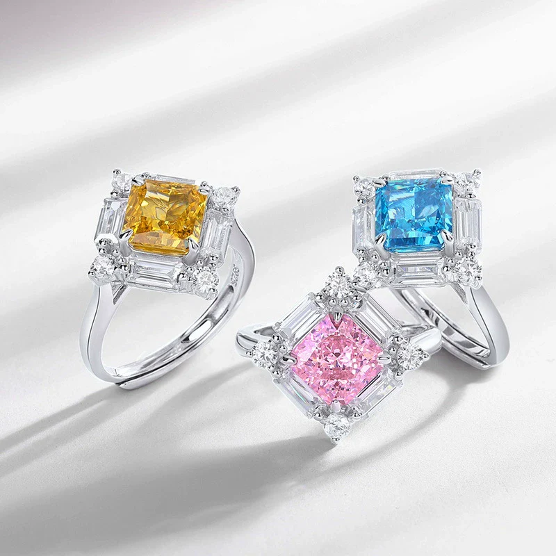 Women's S925 Silver Geometric Yellow Square Luxury Ring With High Carbon Diamond Simulation And Electroplating