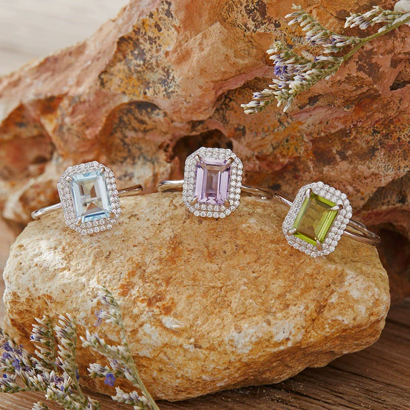 Women's S925 Sterling Silver Natural Colored Gemstone Ring With Crystal Sugar Cube Shape Geometric Pattern Set With Crystals Style
