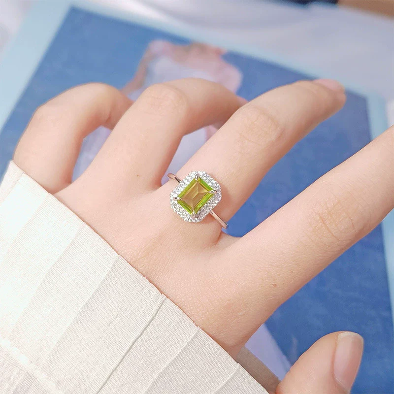 Women's S925 Sterling Silver Natural Colored Gemstone Ring With Crystal Sugar Cube Shape Geometric Pattern Set With Crystals Style - Image 2