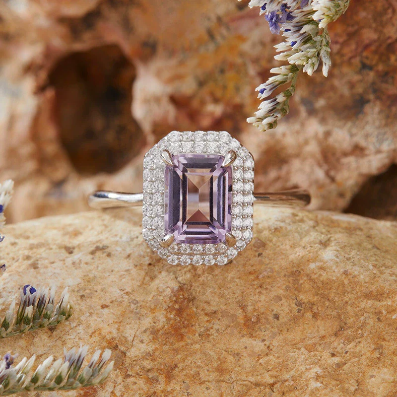 Women's S925 Sterling Silver Natural Colored Gemstone Ring With Crystal Sugar Cube Shape Geometric Pattern Set With Crystals Style - Image 4