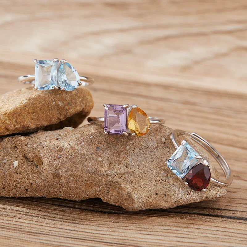 Women's S925 Sterling Silver Ring With Natural Topaz Garnet Amethyst Citrine Double Main Stone Geometric Drop Shape Crystal Set