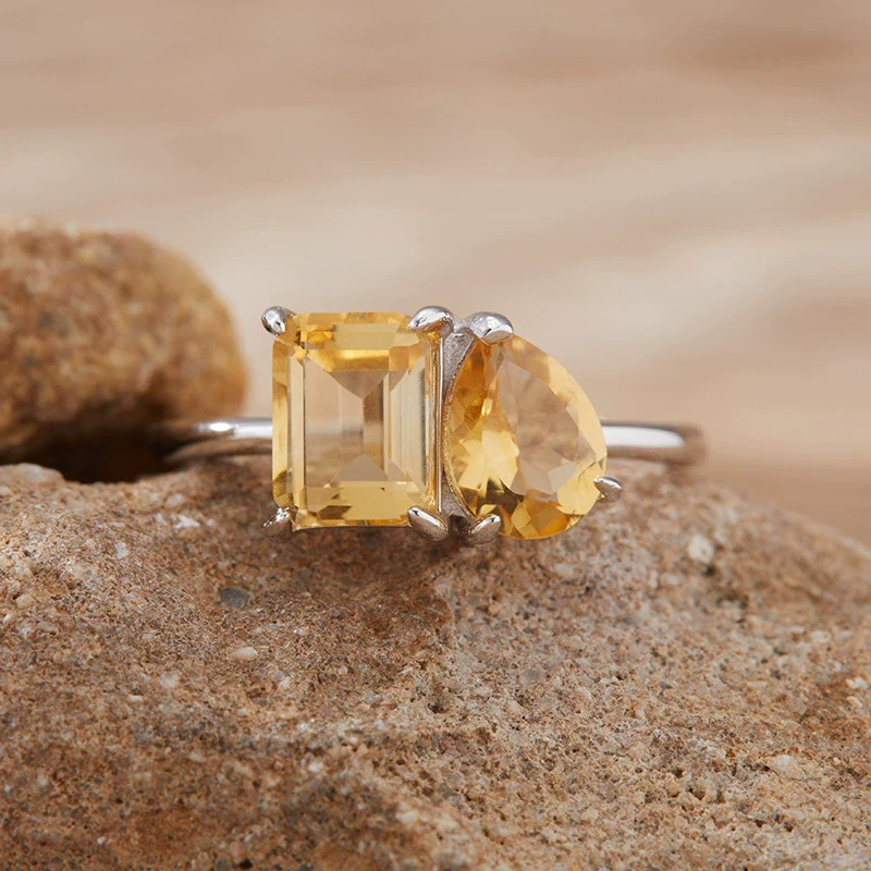 Women's S925 Sterling Silver Ring With Natural Topaz Garnet Amethyst Citrine Double Main Stone Geometric Drop Shape Crystal Set - Image 3