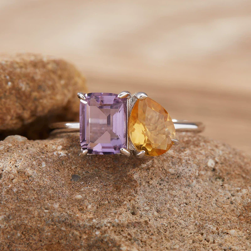 Women's S925 Sterling Silver Ring With Natural Topaz Garnet Amethyst Citrine Double Main Stone Geometric Drop Shape Crystal Set - Image 4