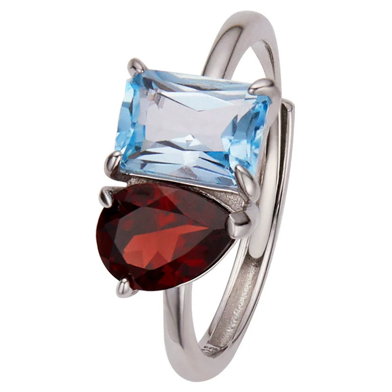 Women's S925 Sterling Silver Ring With Natural Topaz Garnet Amethyst Citrine Double Main Stone Geometric Drop Shape Crystal Set - Image 5