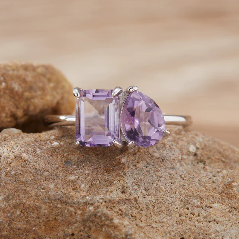 Women's S925 Sterling Silver Ring With Natural Topaz Garnet Amethyst Citrine Double Main Stone Geometric Drop Shape Crystal Set - Image 6