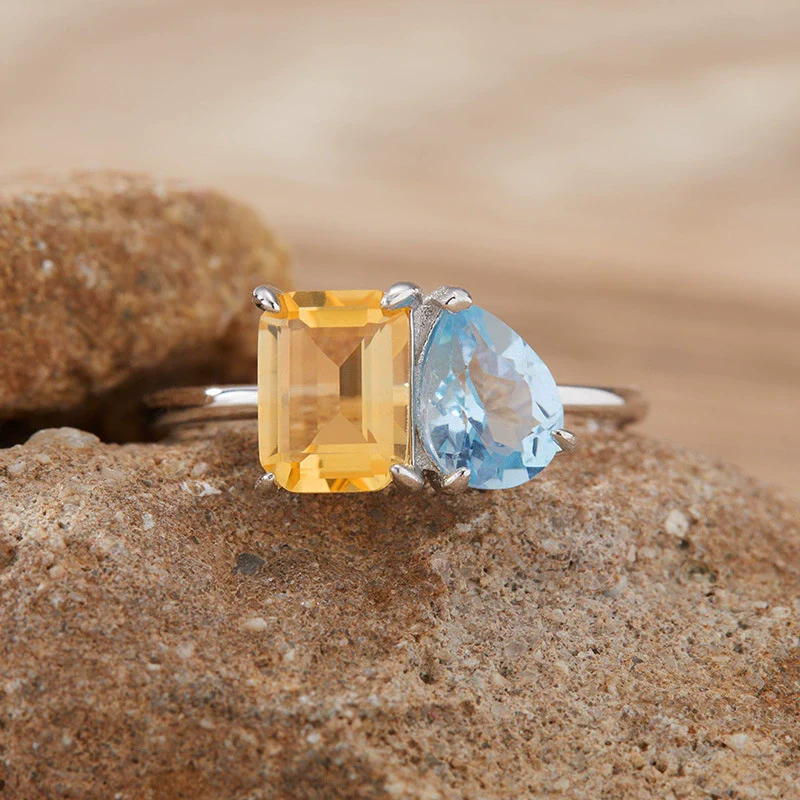 Women's S925 Sterling Silver Ring With Natural Topaz Garnet Amethyst Citrine Double Main Stone Geometric Drop Shape Crystal Set - Image 8