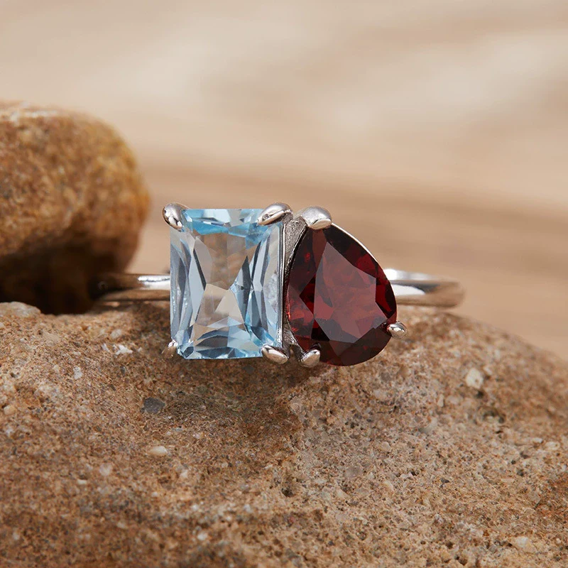 Women's S925 Sterling Silver Ring With Natural Topaz Garnet Amethyst Citrine Double Main Stone Geometric Drop Shape Crystal Set - Image 9