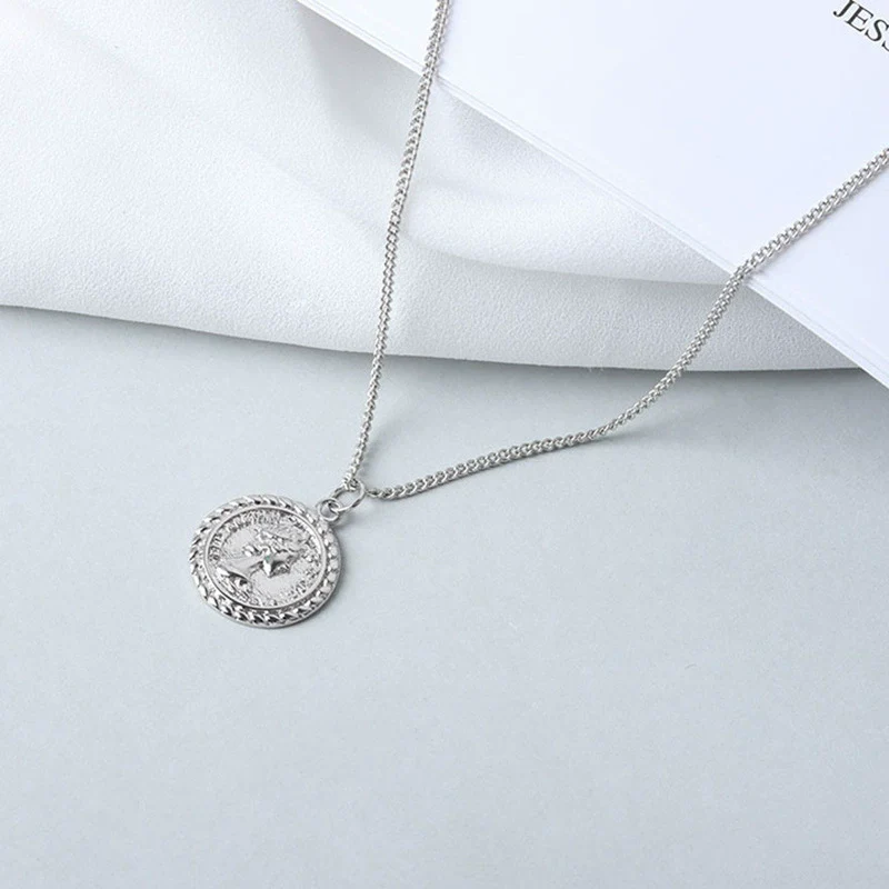 Women's Silver Geometric Portrait Round Coin Necklace Copper Electroplating Accessories - Image 6