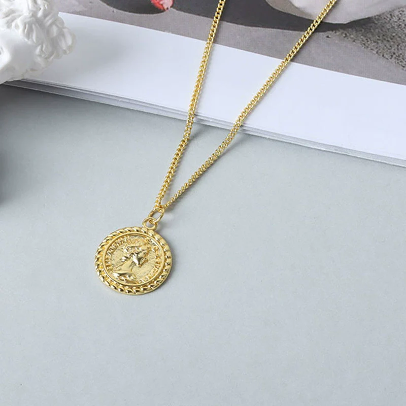 Women's Silver Geometric Portrait Round Coin Necklace Copper Electroplating Accessories - Image 7