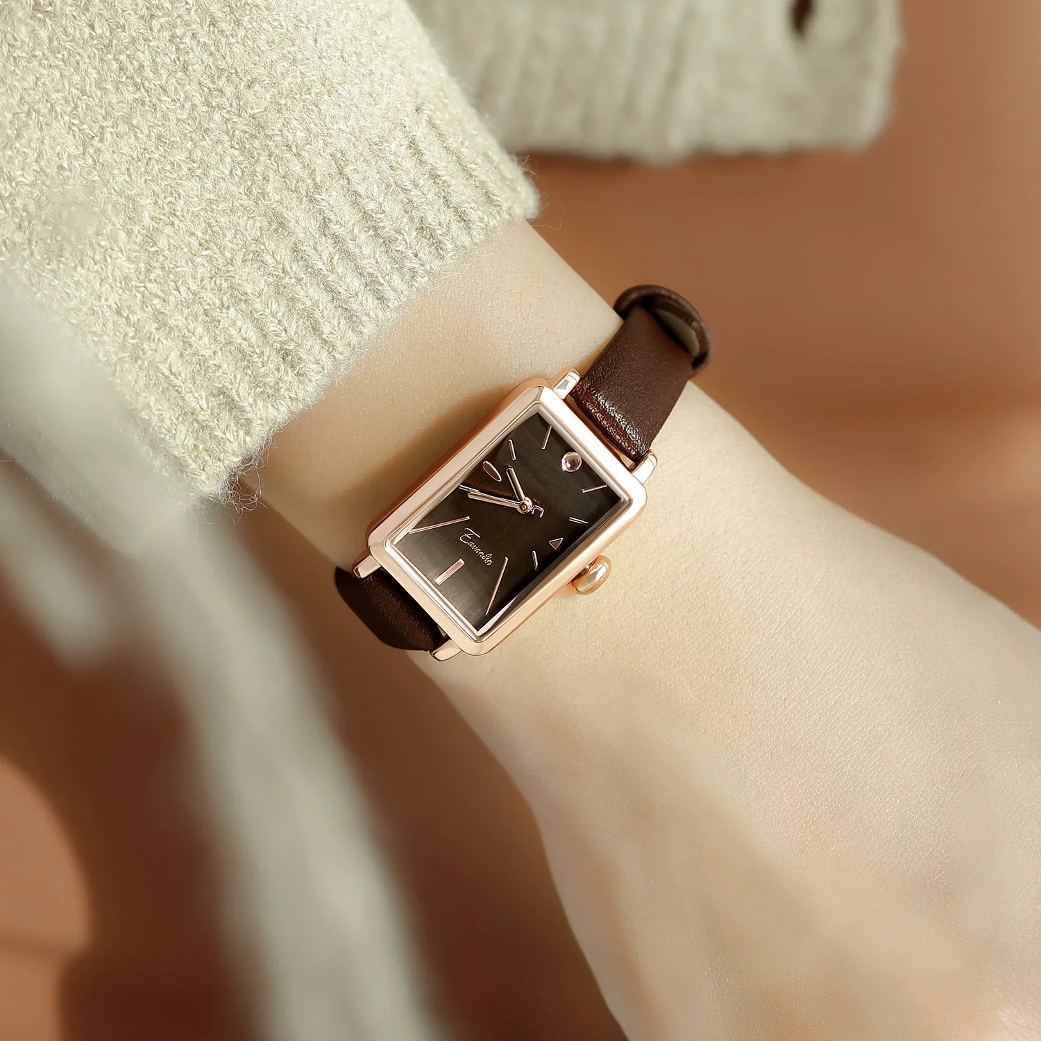 Women's Square Alloy Pu Rose Gold Watch Retro Simple Light Luxury Niche New Style Printed Logo Waterproof Mineral Strengthened Mirror Pin Buckle Spiral Crown
