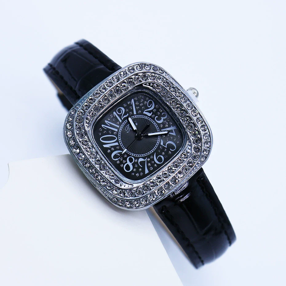 Women's Square Alloy Quartz Watch With Rhinestones And Pu Strap - Image 11