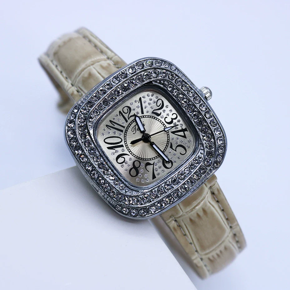 Women's Square Alloy Quartz Watch With Rhinestones And Pu Strap - Image 14