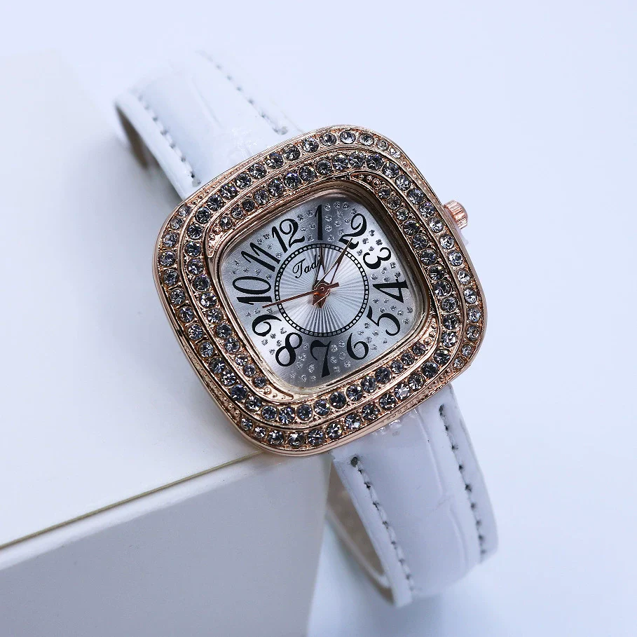 Women's Square Alloy Quartz Watch With Rhinestones And Pu Strap - Image 4