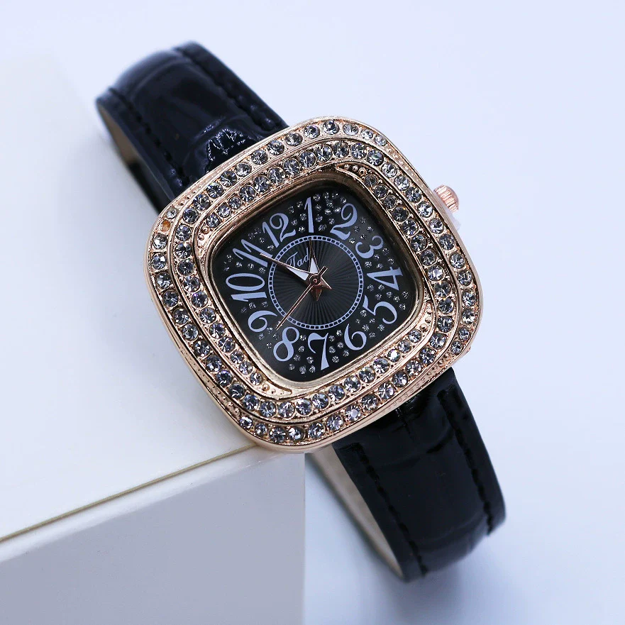 Women's Square Alloy Quartz Watch With Rhinestones And Pu Strap - Image 6