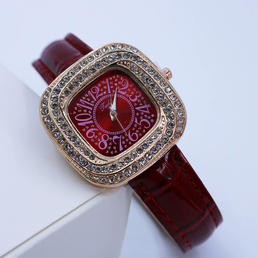 Women's Square Alloy Quartz Watch With Rhinestones And Pu Strap - Image 7