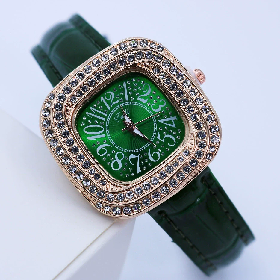Women's Square Alloy Quartz Watch With Rhinestones And Pu Strap - Image 9