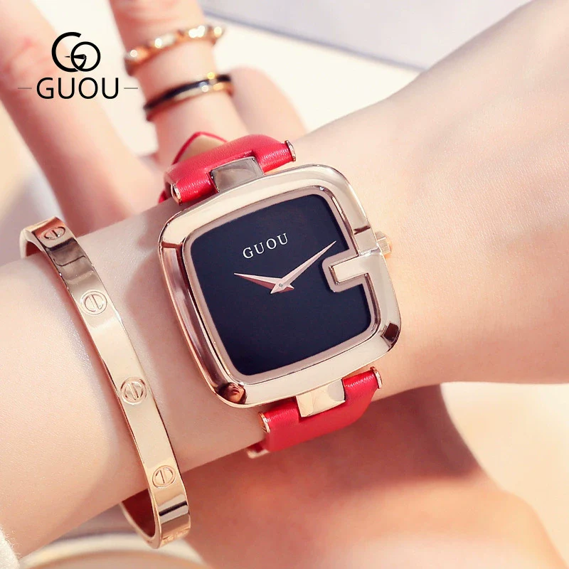 Women's Square Leisure Watch Alloy Case Genuine Leather Strap Rose Gold Clasp Mineral Strengthened Glass Mirror - Image 8