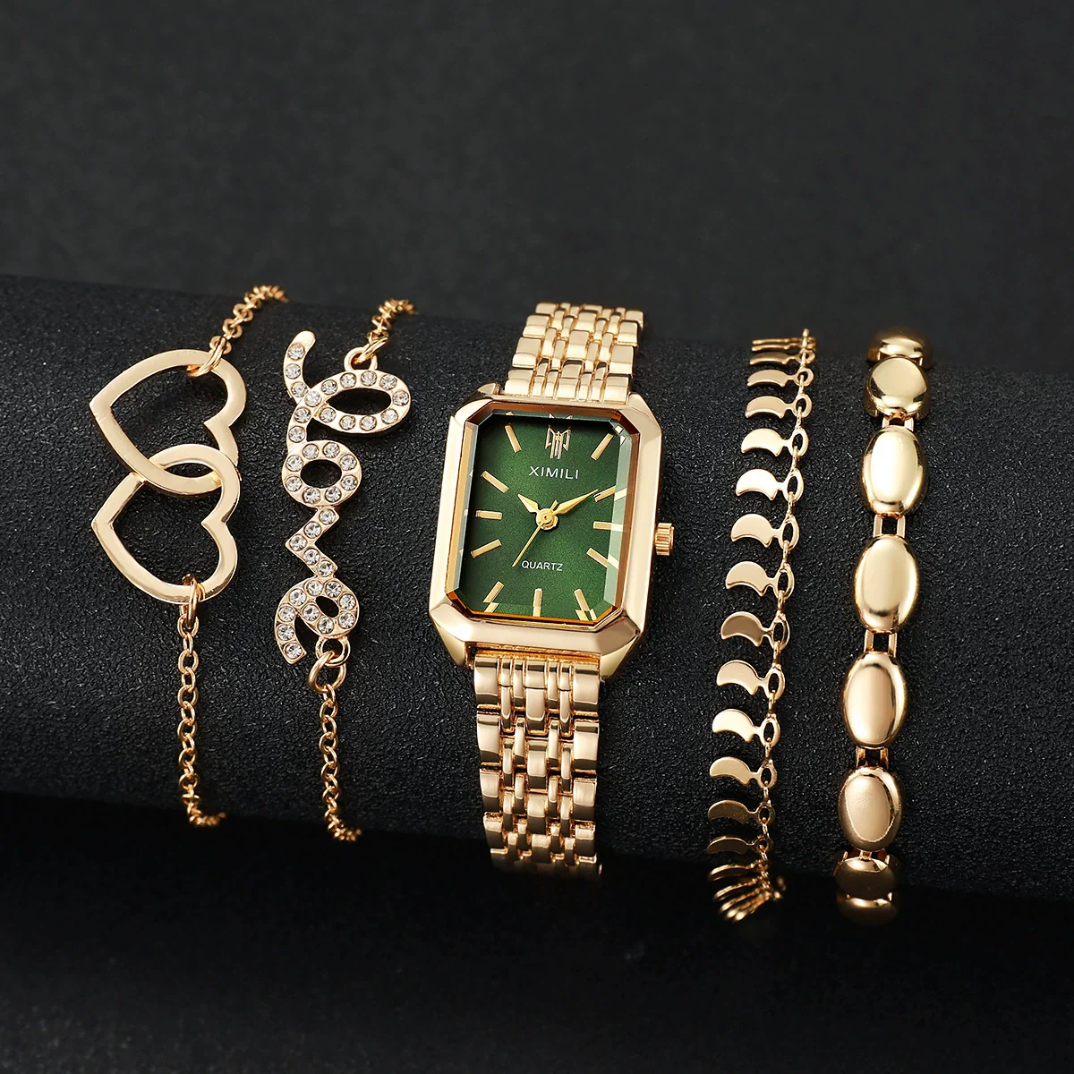 Women's Square Zinc Alloy Case Alloy Strap Quartz Watch With Heart Bracelet Leisure Style - Image 2