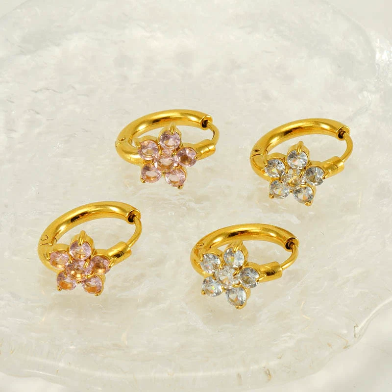 Women's 316L Stainless Steel 18K Gold Plated Flower Zircon Inlaid Earrings - Image 2