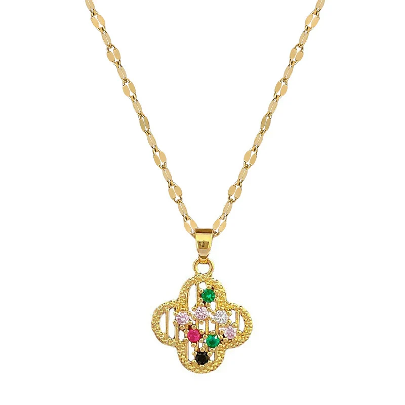 Women's Stainless Steel And Copper Fourleaf Flower Geometric Necklace With Electroplating - Image 5