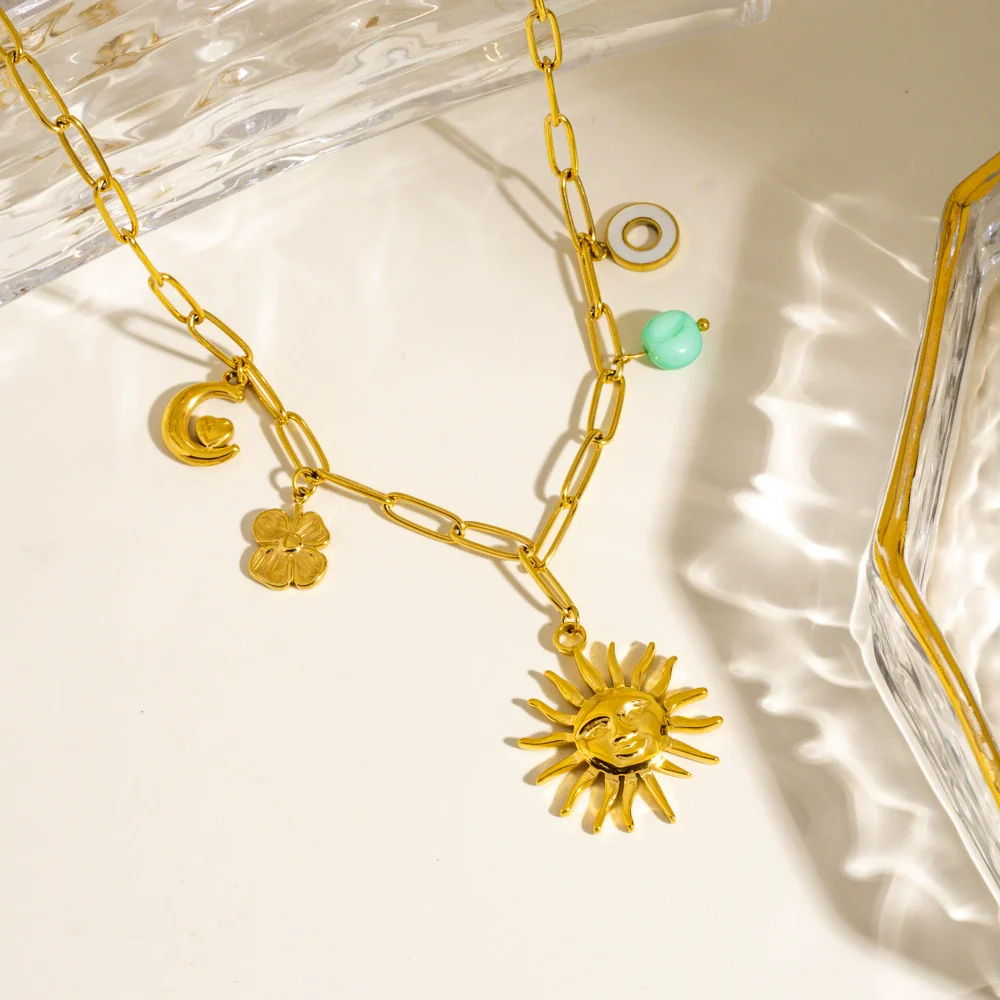 Women's Stainless Steel And Titanium Steel Geometric Sun Pendant Necklace With Electroplating And Cuban Chain - Image 2