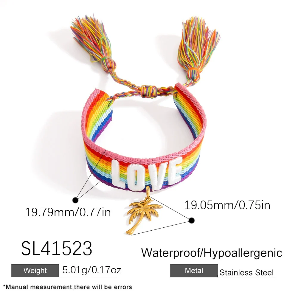 Women's Stainless Steel Braided Adjustable Bracelet With Rainbow Love Tassel Electroplating Design - Image 6