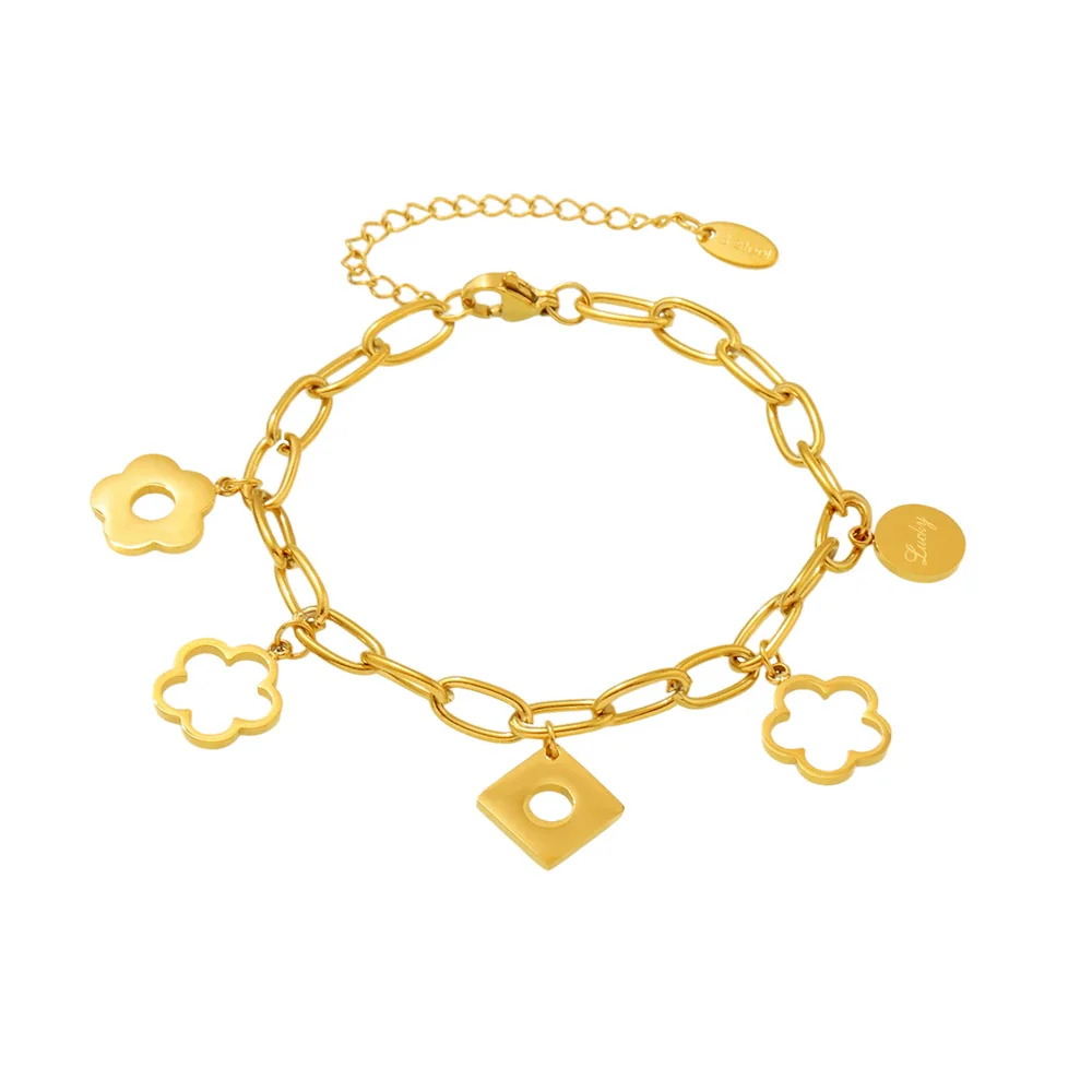 Women's Stainless Steel Geometric Square Ferris Wheel Flower Bracelet Plated 18K Real Gold Fashion Decoration - Image 5