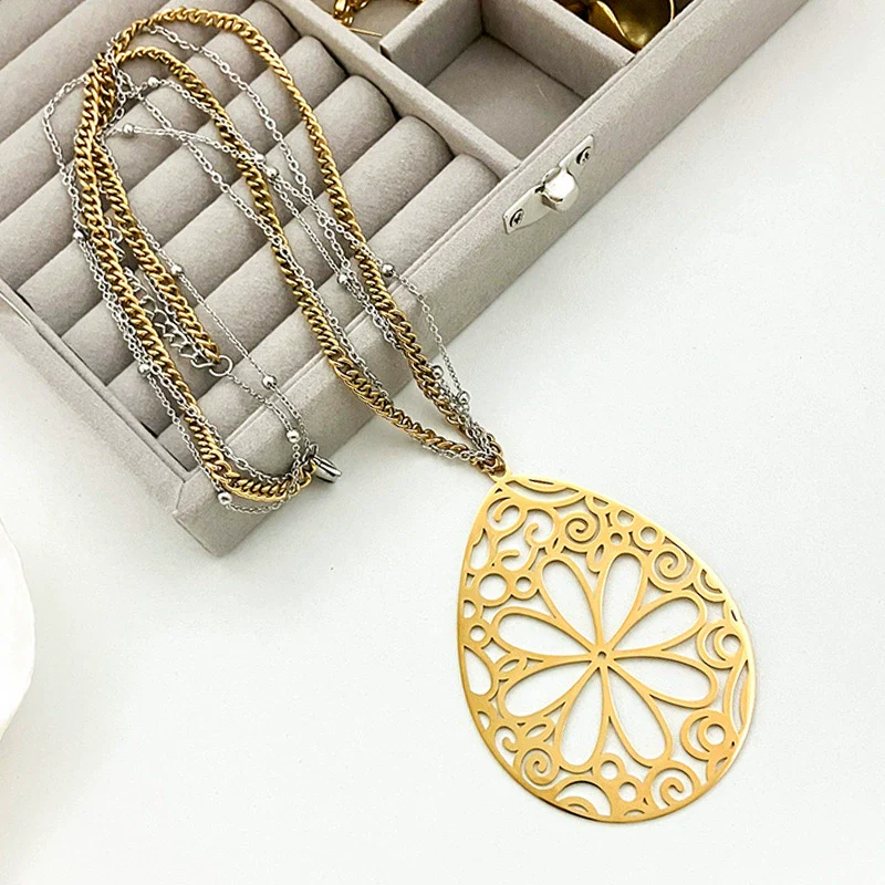 Women's Stainless Steel Gold Plated Jewelry Pearl Ginkgo Leaf Water Drop Flower Pendant Layered Necklace - Image 3