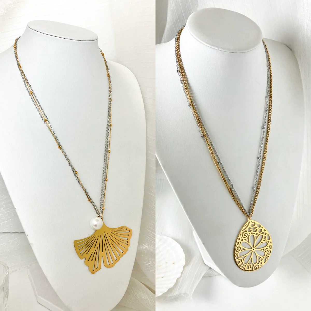 Women's Stainless Steel Gold Plated Jewelry Pearl Ginkgo Leaf Water Drop Flower Pendant Layered Necklace - Image 4