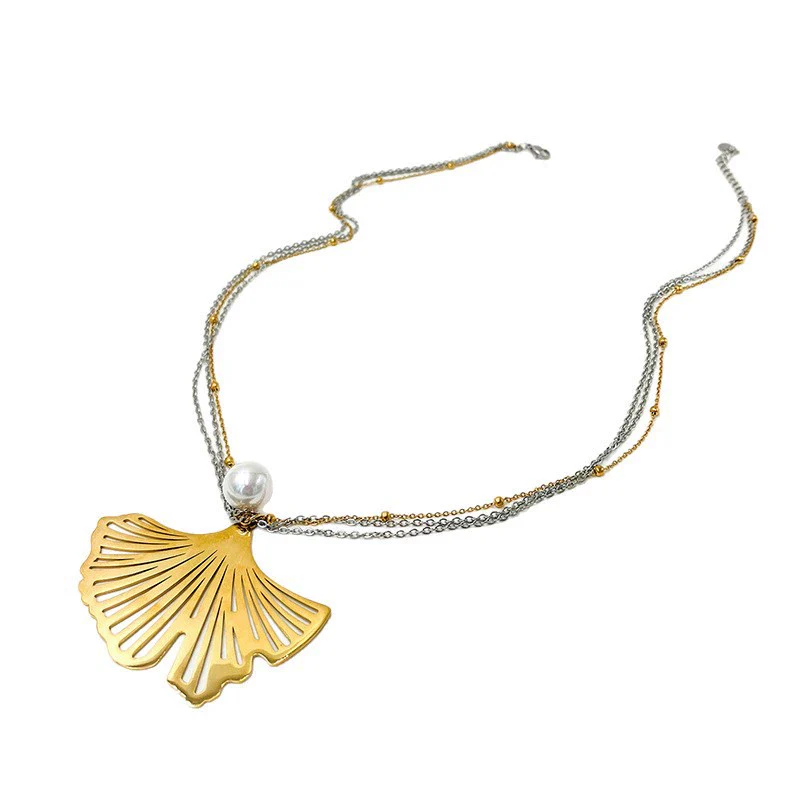 Women's Stainless Steel Gold Plated Jewelry Pearl Ginkgo Leaf Water Drop Flower Pendant Layered Necklace - Image 5