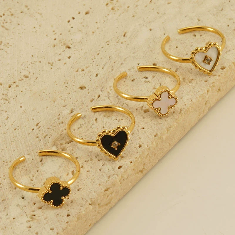 Women's 316L Stainless Steel Heartshaped Open Ring With Fourleaf Clover Pattern And Electroplating
