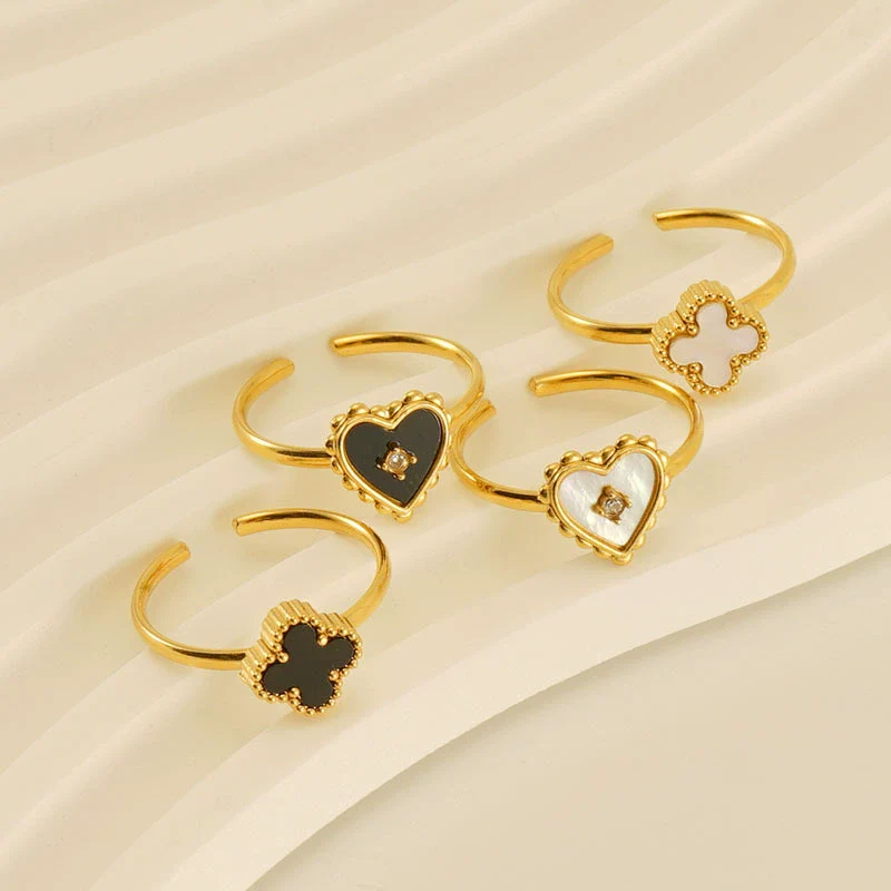 Women's 316L Stainless Steel Heartshaped Open Ring With Fourleaf Clover Pattern And Electroplating - Image 2