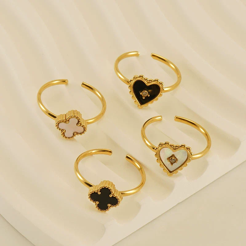 Women's 316L Stainless Steel Heartshaped Open Ring With Fourleaf Clover Pattern And Electroplating - Image 3