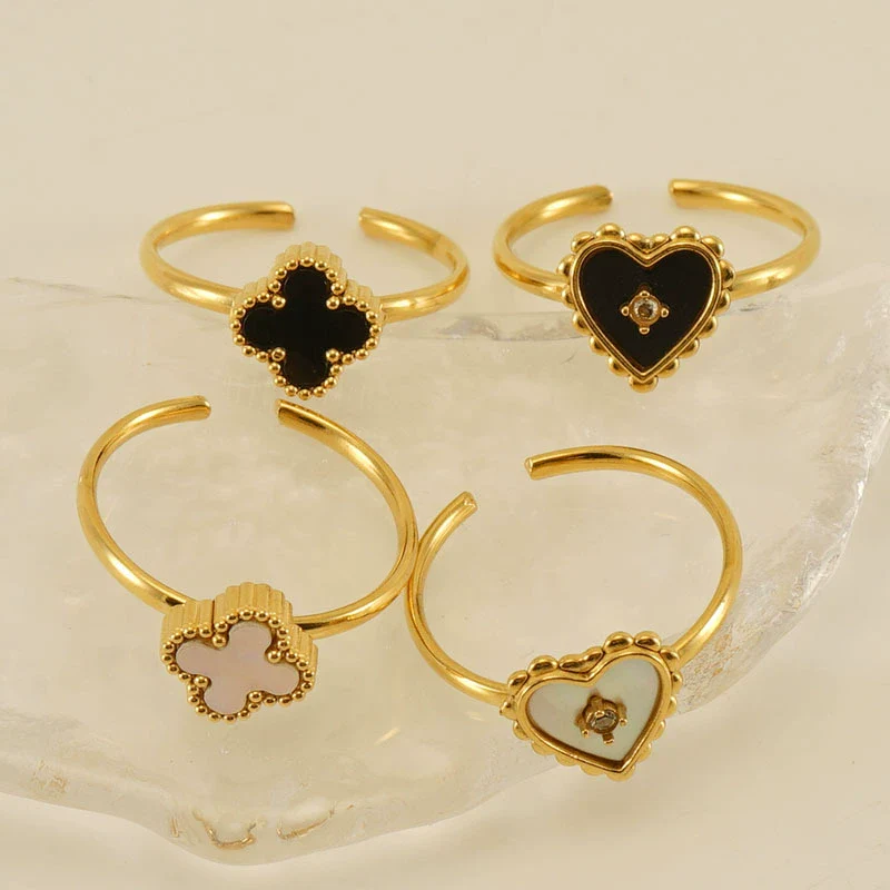 Women's 316L Stainless Steel Heartshaped Open Ring With Fourleaf Clover Pattern And Electroplating - Image 4