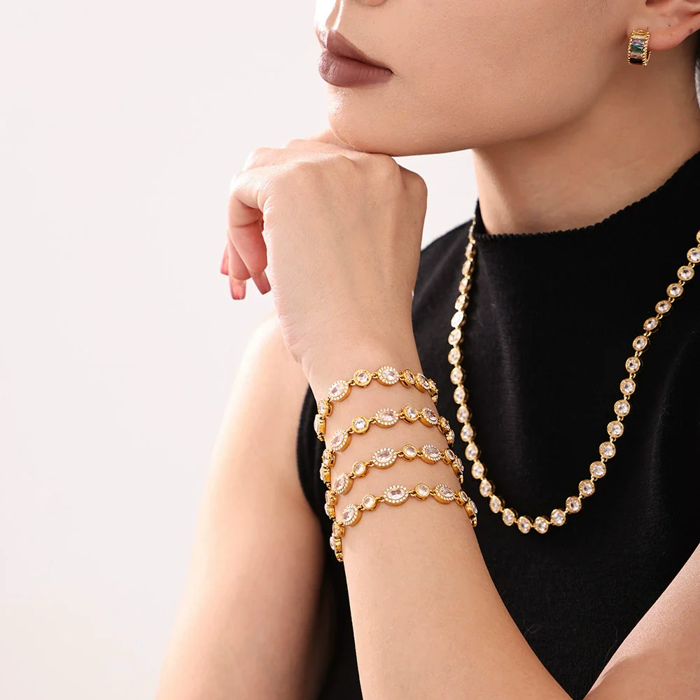 Women's Stainless Steel Zircon Inlaid Geometric Handmade Pvd Plated Electroplated Bracelet Jewelry