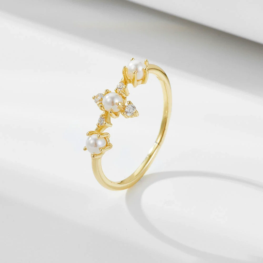Women's Sterling Silver Geometric Pearl Set Crown Ring Hand Jewelry