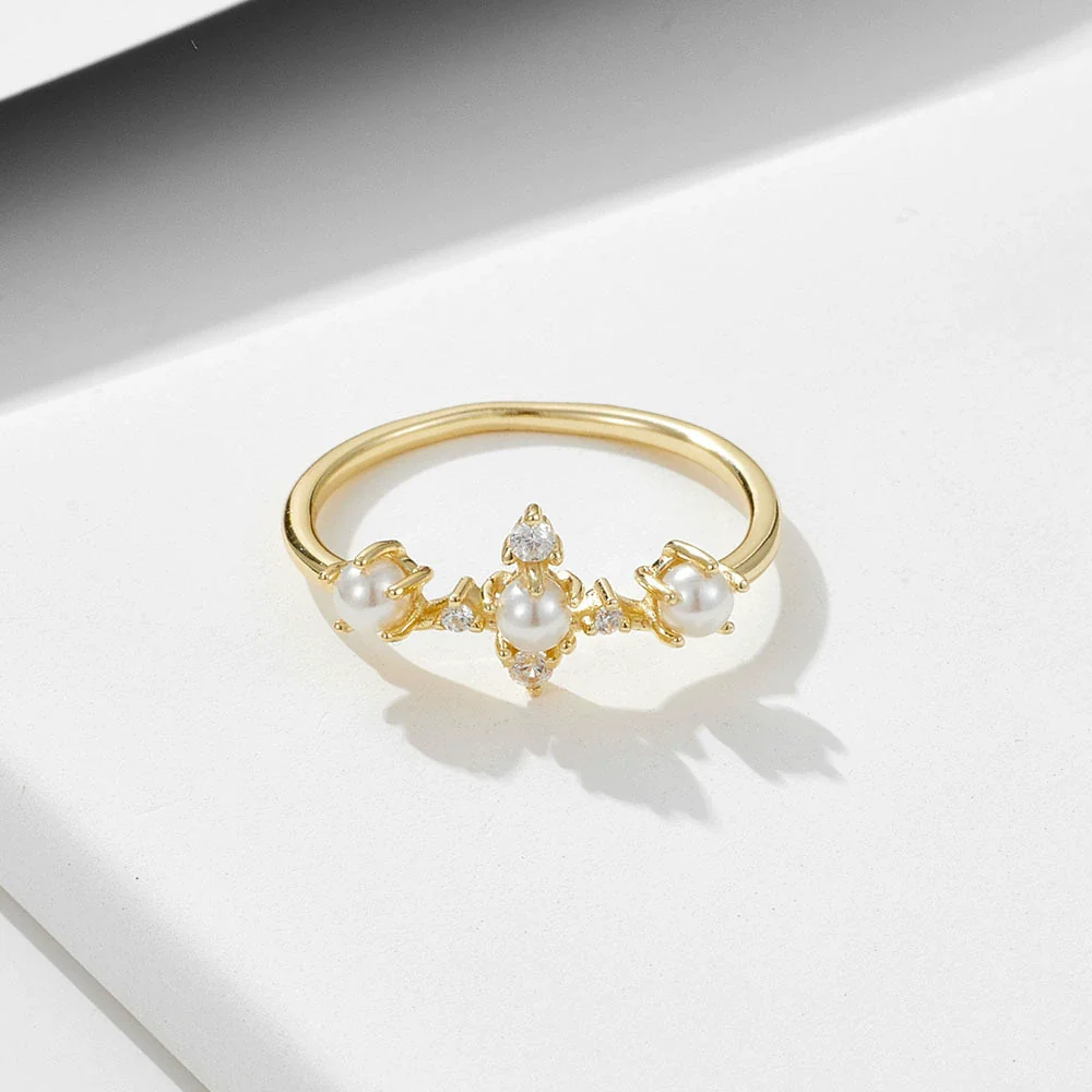 Women's Sterling Silver Geometric Pearl Set Crown Ring Hand Jewelry - Image 2