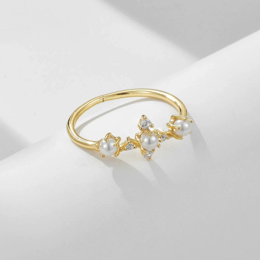 Women's Sterling Silver Geometric Pearl Set Crown Ring Hand Jewelry - Image 3