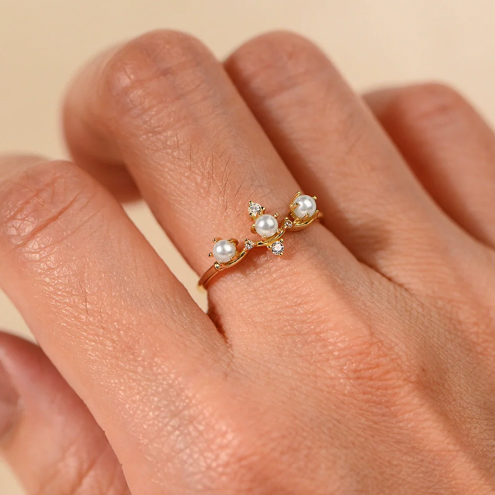 Women's Sterling Silver Geometric Pearl Set Crown Ring Hand Jewelry - Image 4