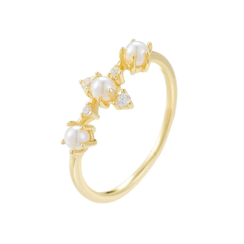 Women's Sterling Silver Geometric Pearl Set Crown Ring Hand Jewelry - Image 5