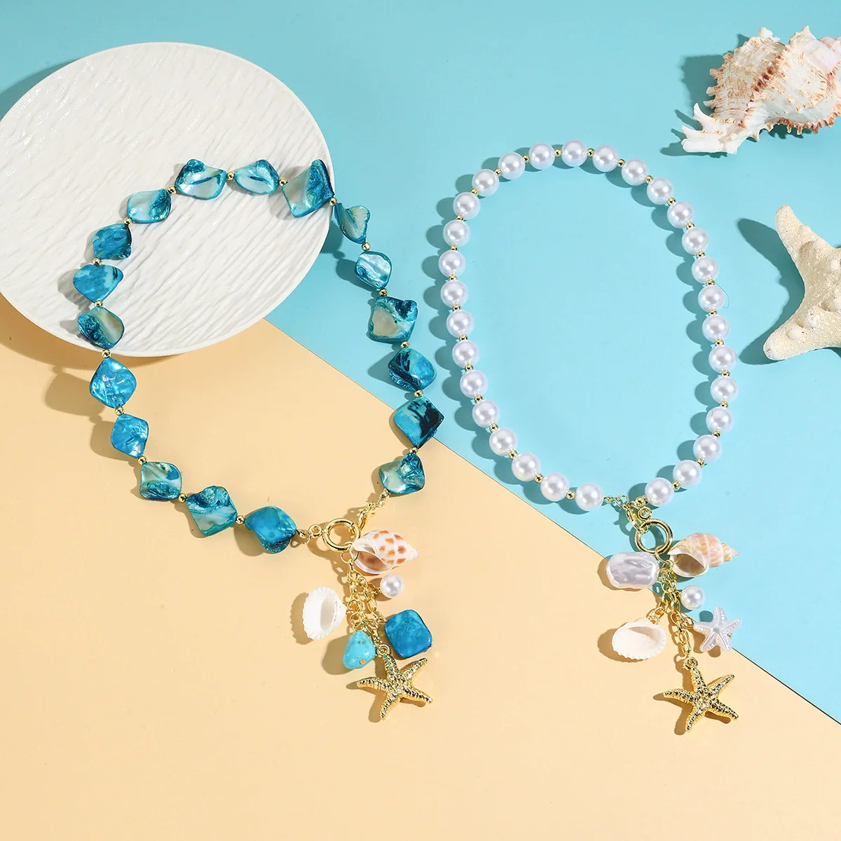 Women's Summer Alloy Geometric Irregular Blue Shell Clavicle Chain Necklace Electroplated Jewelry - Image 3