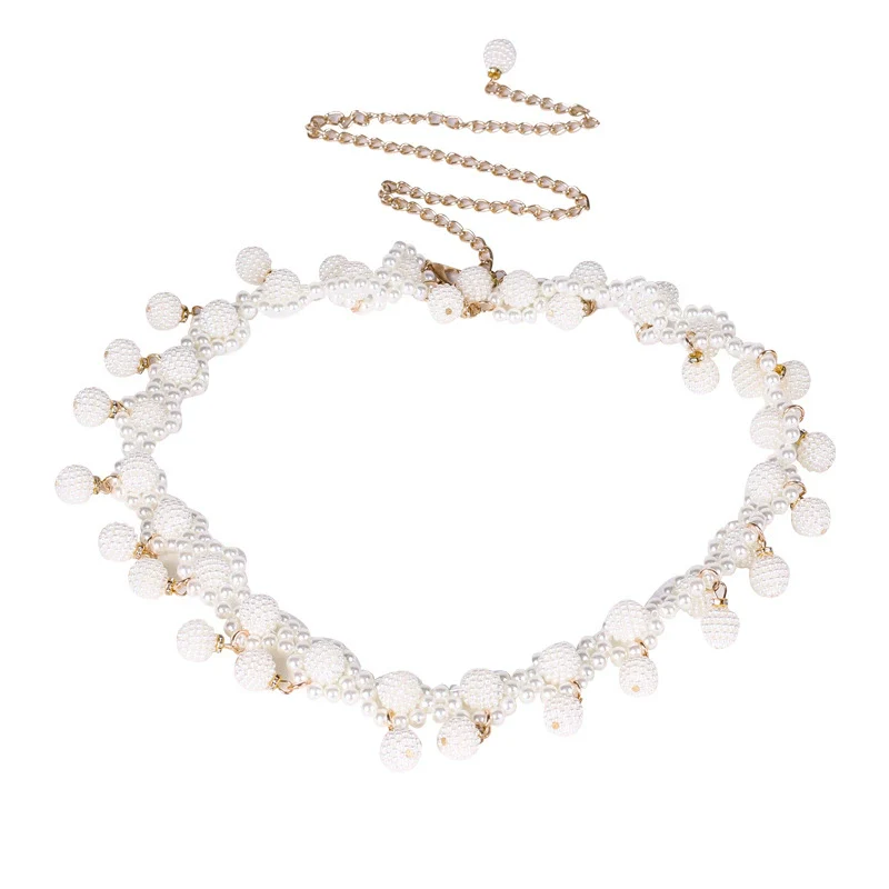 Women's Sweet Flower Shape Pearl Chain Belt Handmade Beaded Metal Dress Waist Chain - Image 4